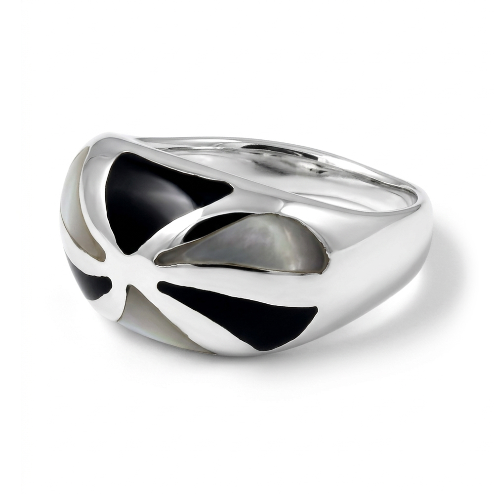 Ring 925 silver & shell blk/w 6 rectangle
