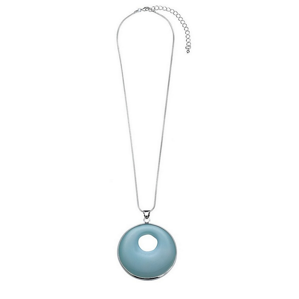 Necklace with a pendant agate stone stone disc-silver surround & chain blue colours blue