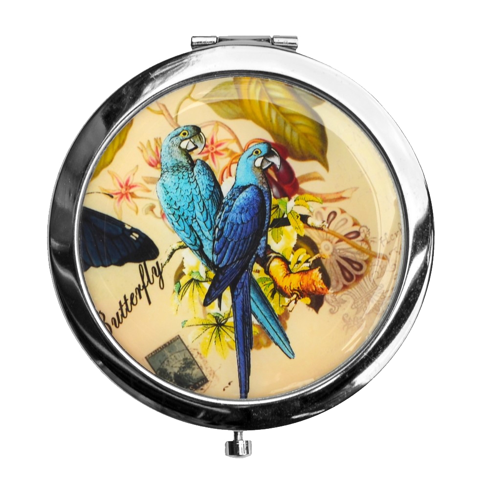 Compact mirror parrots two parrot butterfly text blue