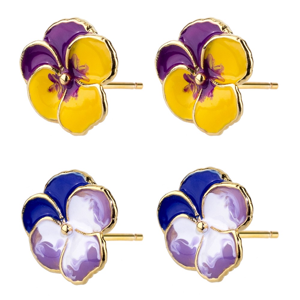Stud earring brass & enamel pansies multicoloured