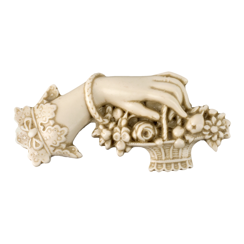 Brooch resin faux ivoire hand with basket off white