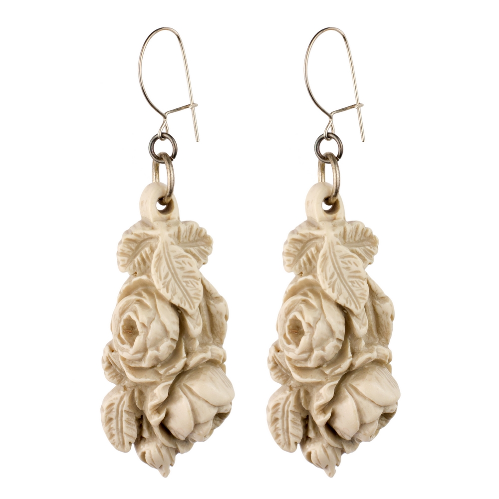 Drop earring resin faux ivoire carved roses off white