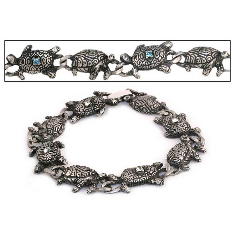 Bracelet crystal glass link turtle with blue & white crystal stone silver