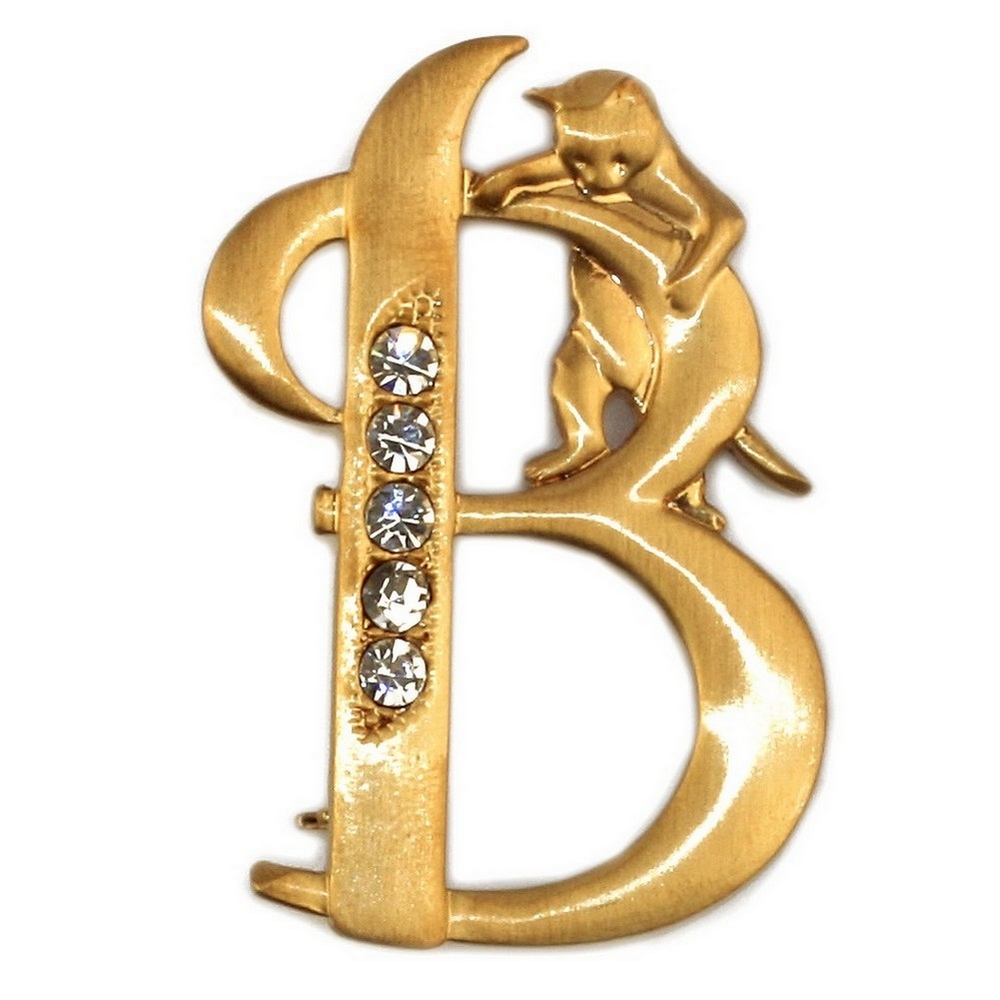Brooch pewter & crystal glass plated initial 'B' with a climbing cat gold