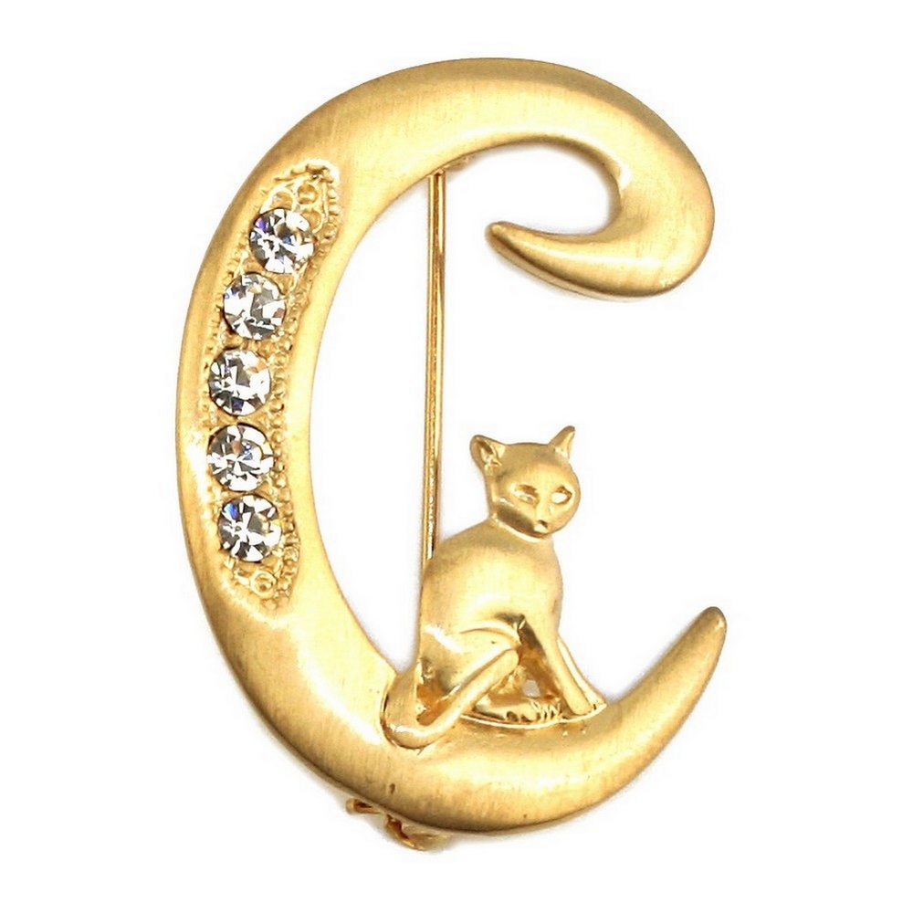 Brooch pewter & crystal glass gold plated initial 'C' with a climbing cat