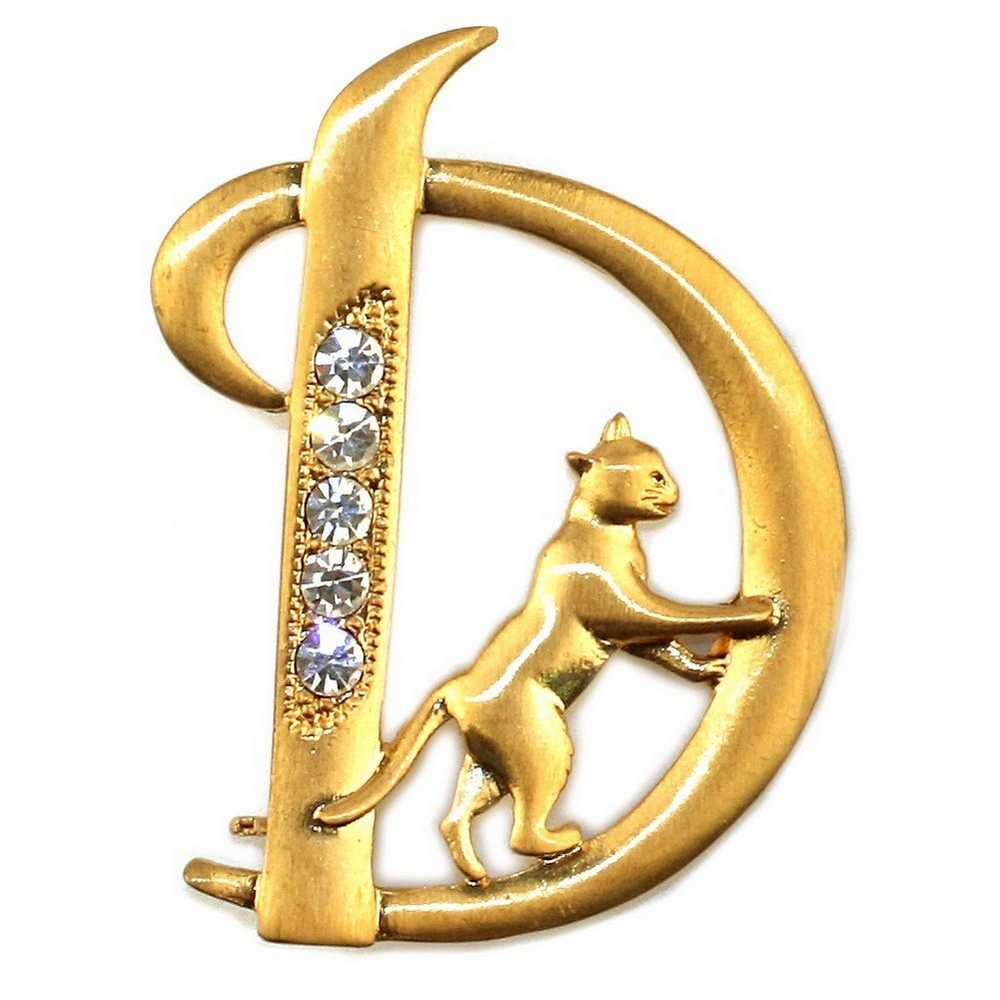 Brooch pewter & crystal glass plated initial 'D' with a climbing cat gold