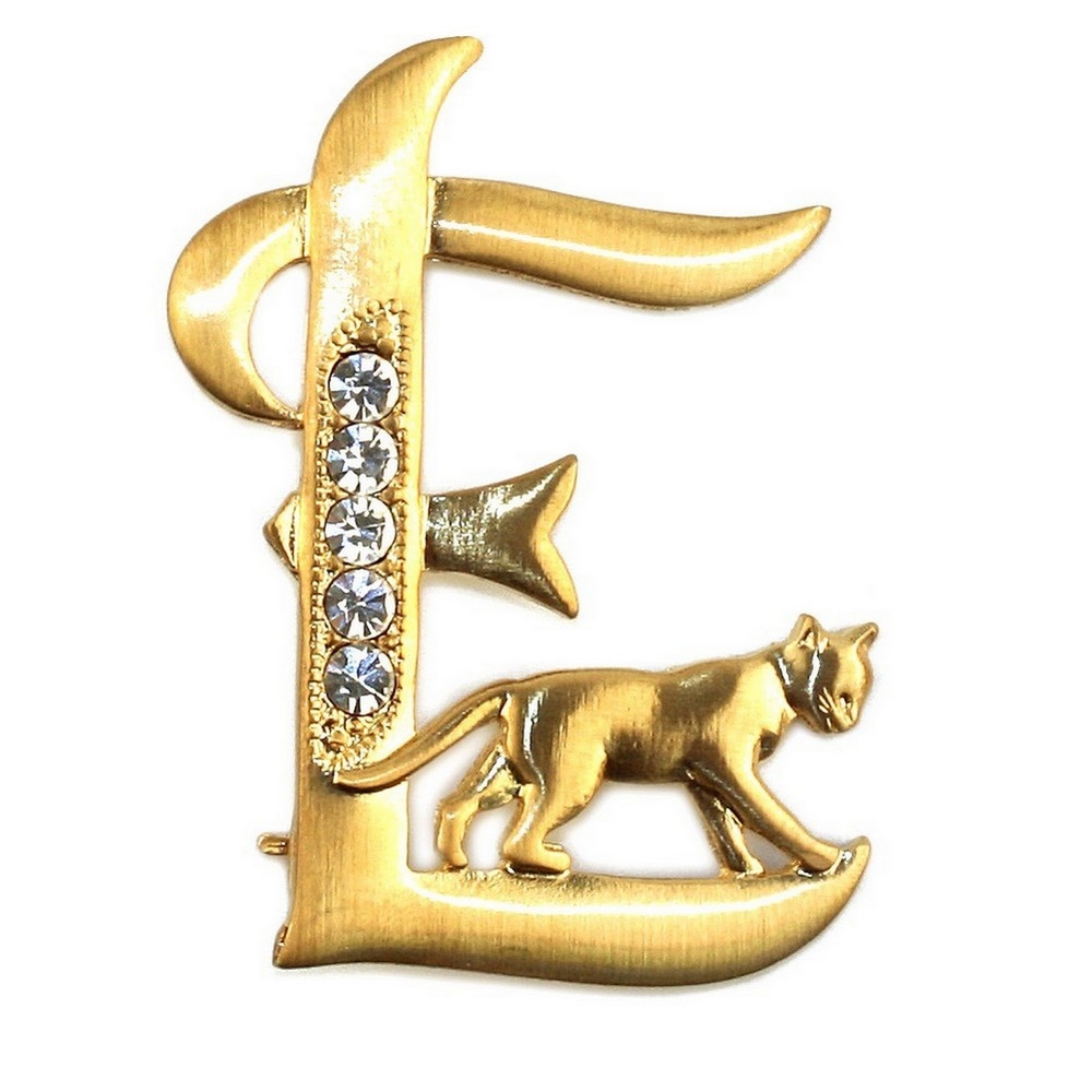 Brooch pewter & gold plated initial 'e' cat/stones
