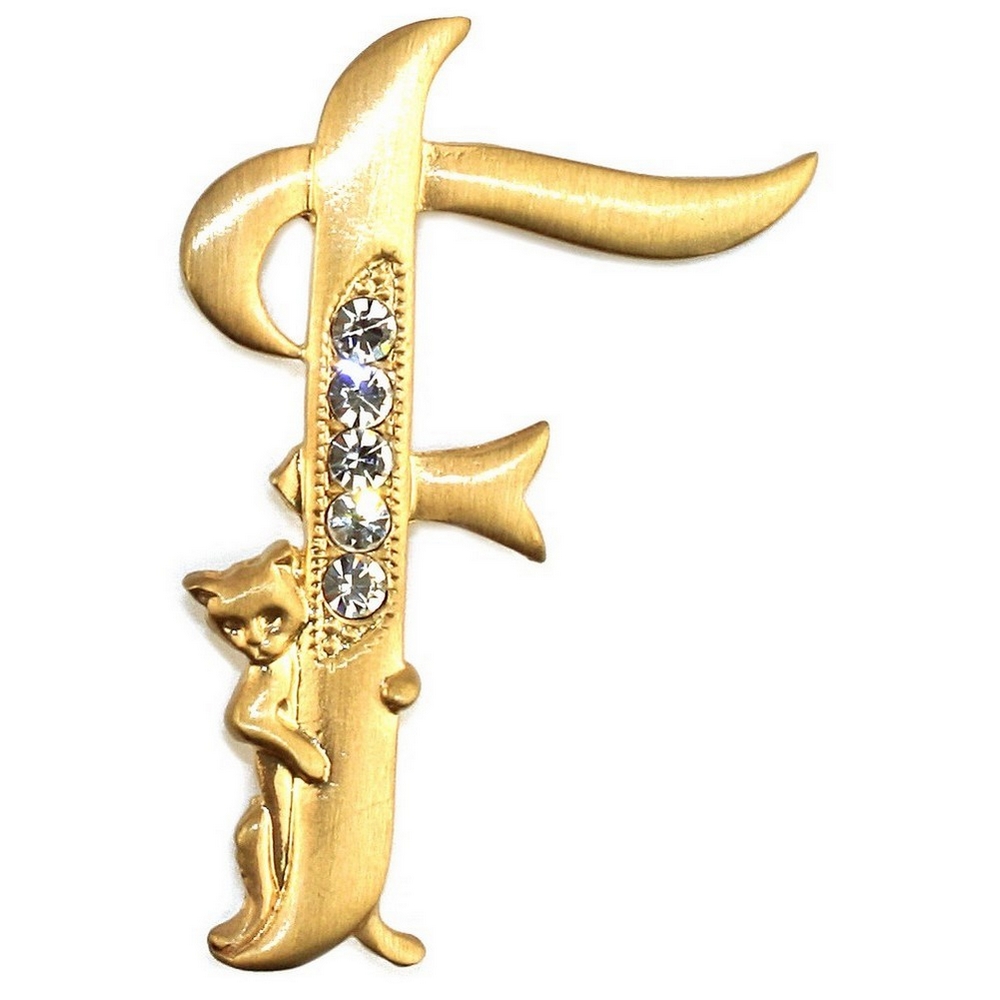 Brooch pewter & gold plated initial 'f' cat/stones gold