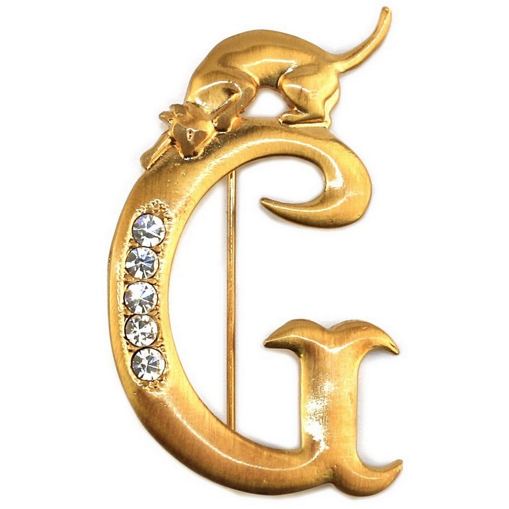 Brooch pewter & gold plated initial 'g' cat/stones gold