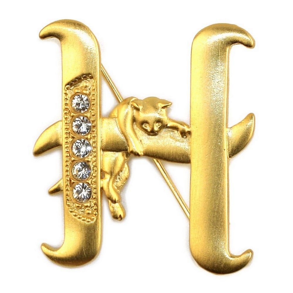 Brooch pewter & gold plated initial 'h' cat/stones