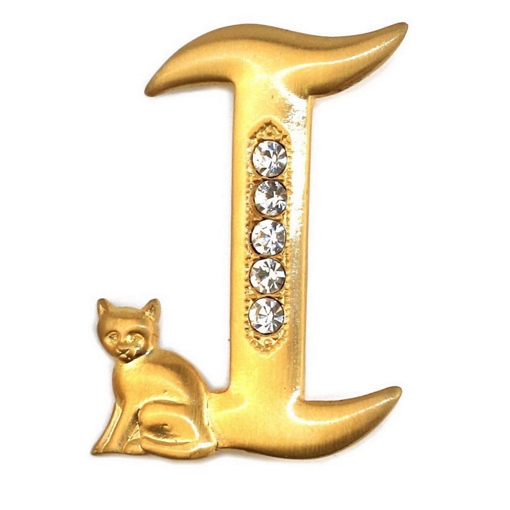 Brooch pewter & gold plated initial 'i' cat/stones gold