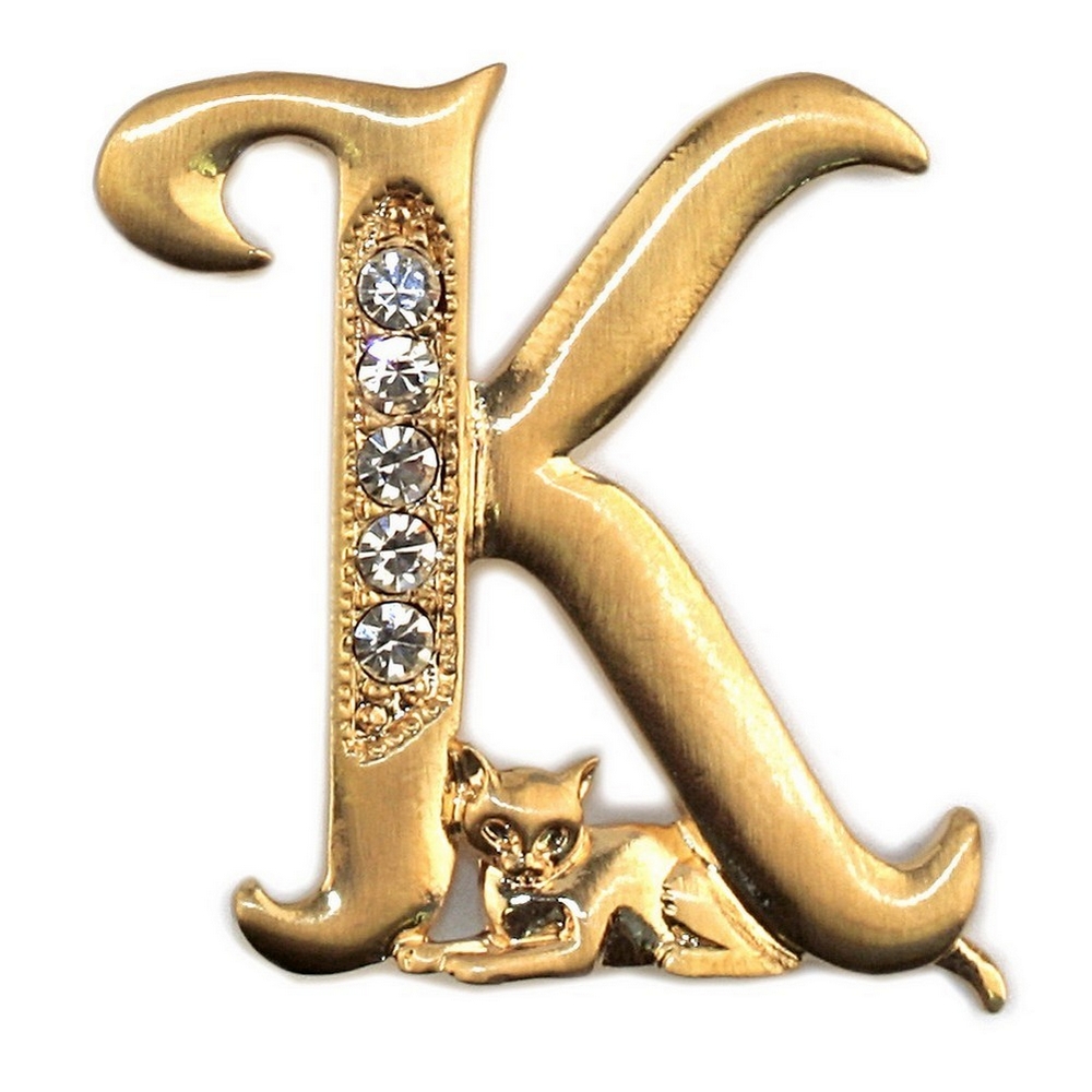 Brooch pewter & gold plated initial 'k' cat/stones gold