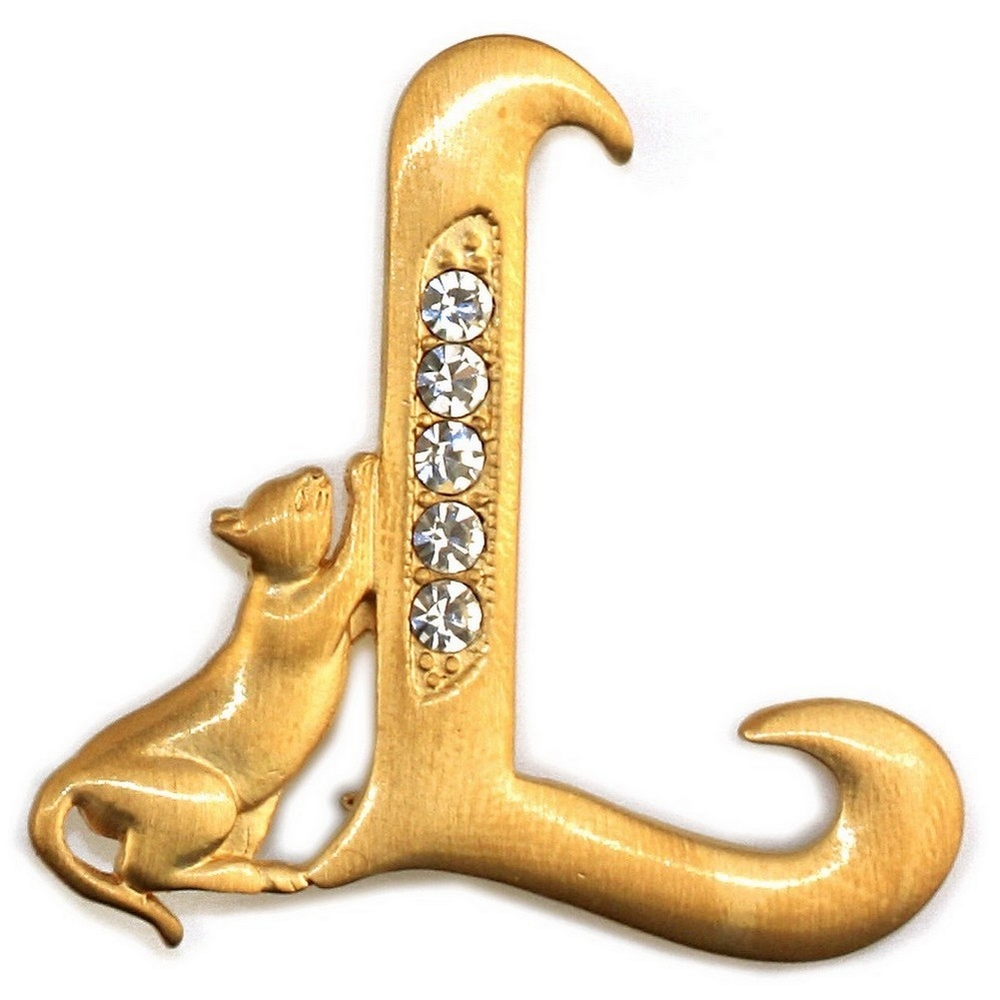 Brooch pewter & gold plated initial 'l' cat/stones gold