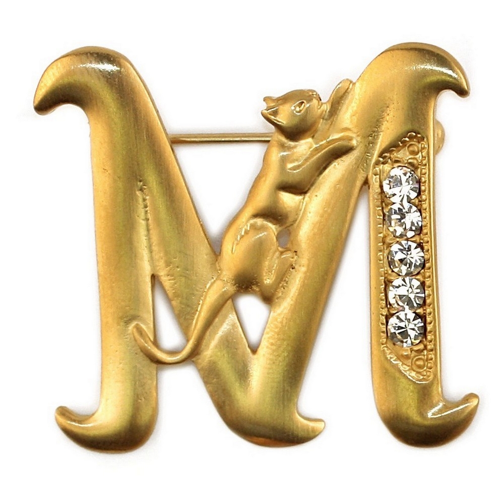 Brooch pewter & gold plated initial 'm' cat/stones gold