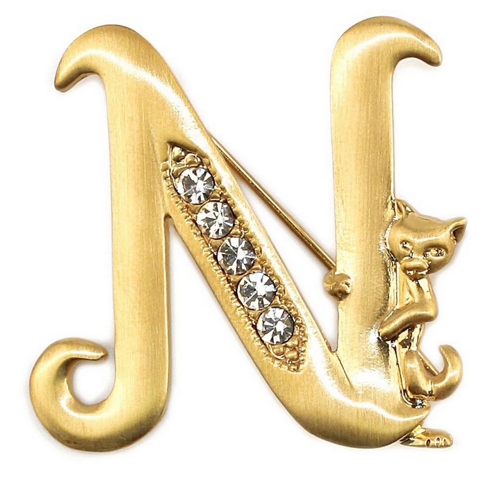 Brooch pewter & gold plated initial 'n' cat/stones gold