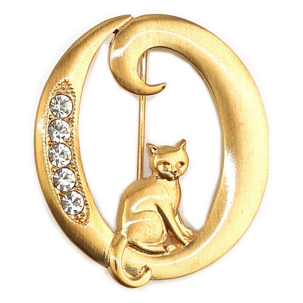 Brooch pewter & gold plated initial 'o' cat/stones gold