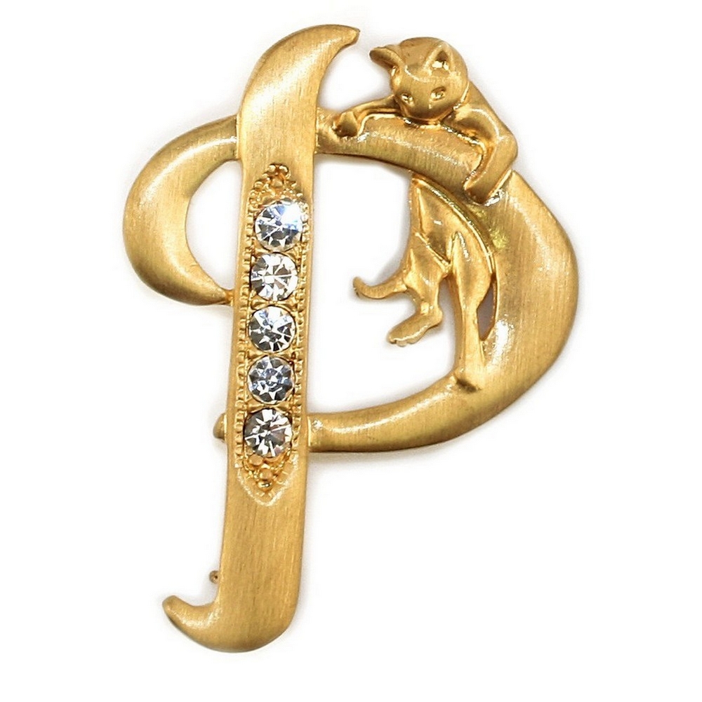 Brooch pewter & gold plated initial 'p' cat/stones gold