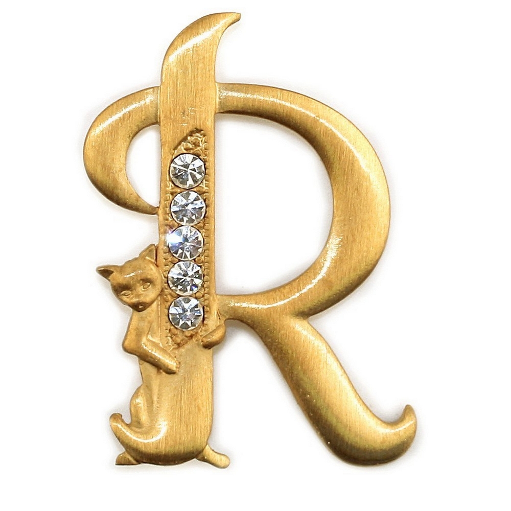 Brooch pewter & gold plated initial 'r' cat/stones gold