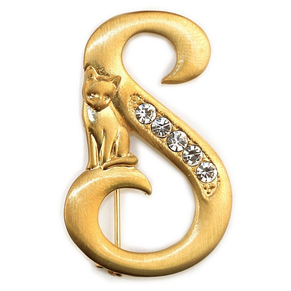 Brooch pewter & gold plated initial 's' cat/stones gold