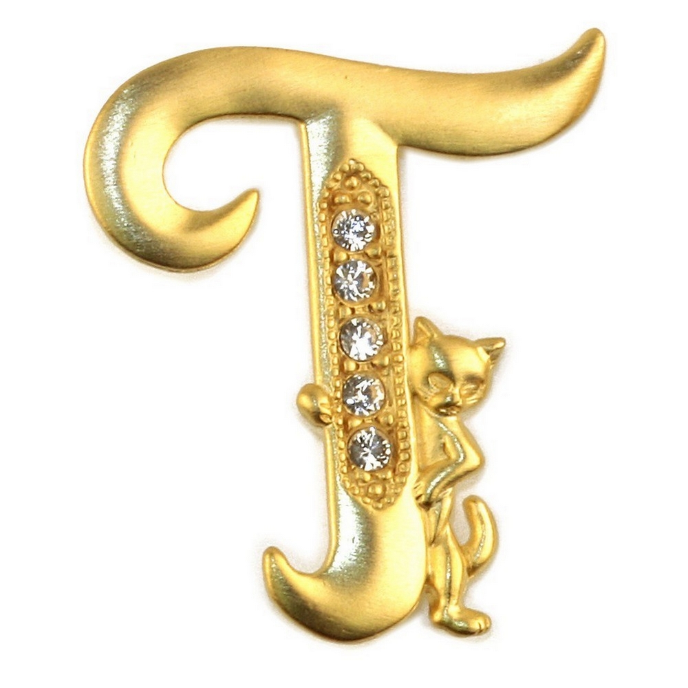 Brooch pewter & gold plated initial 't' cat/stones gold