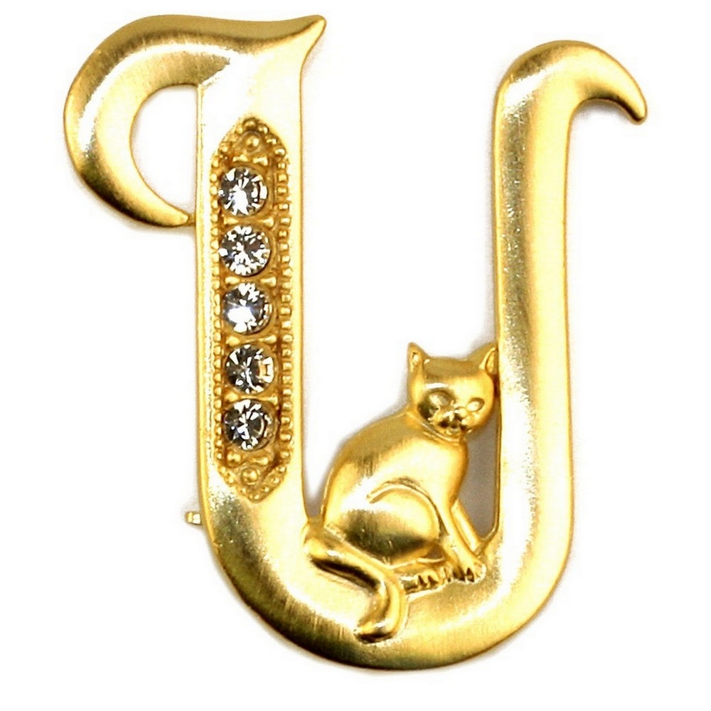 Brooch pewter & gold plated initial 'u' cat/stones gold