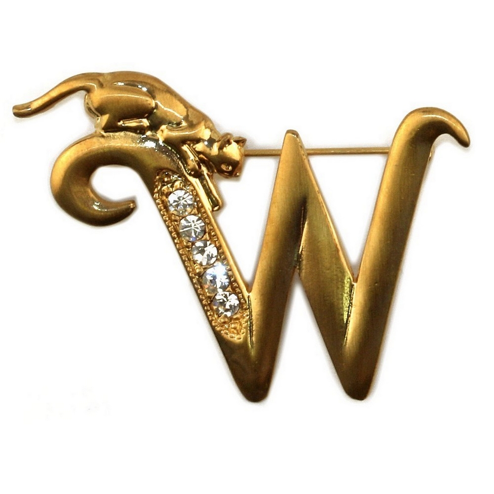 Brooch pewter & gold plated initial 'w' cat/stones gold