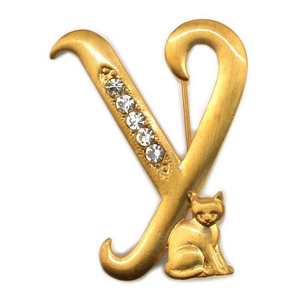 Brooch pewter & gold plated initial 'y' cat/stones gold