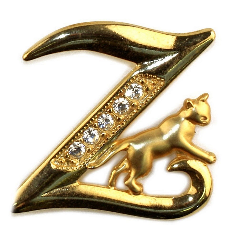 Brooch pewter & gold plated initial 'z' cat/stones gold