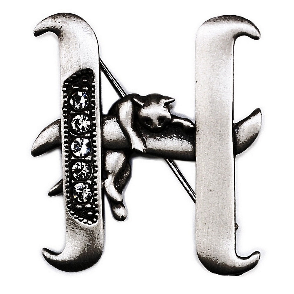 Brooch pewter initial 'h' cat/stones