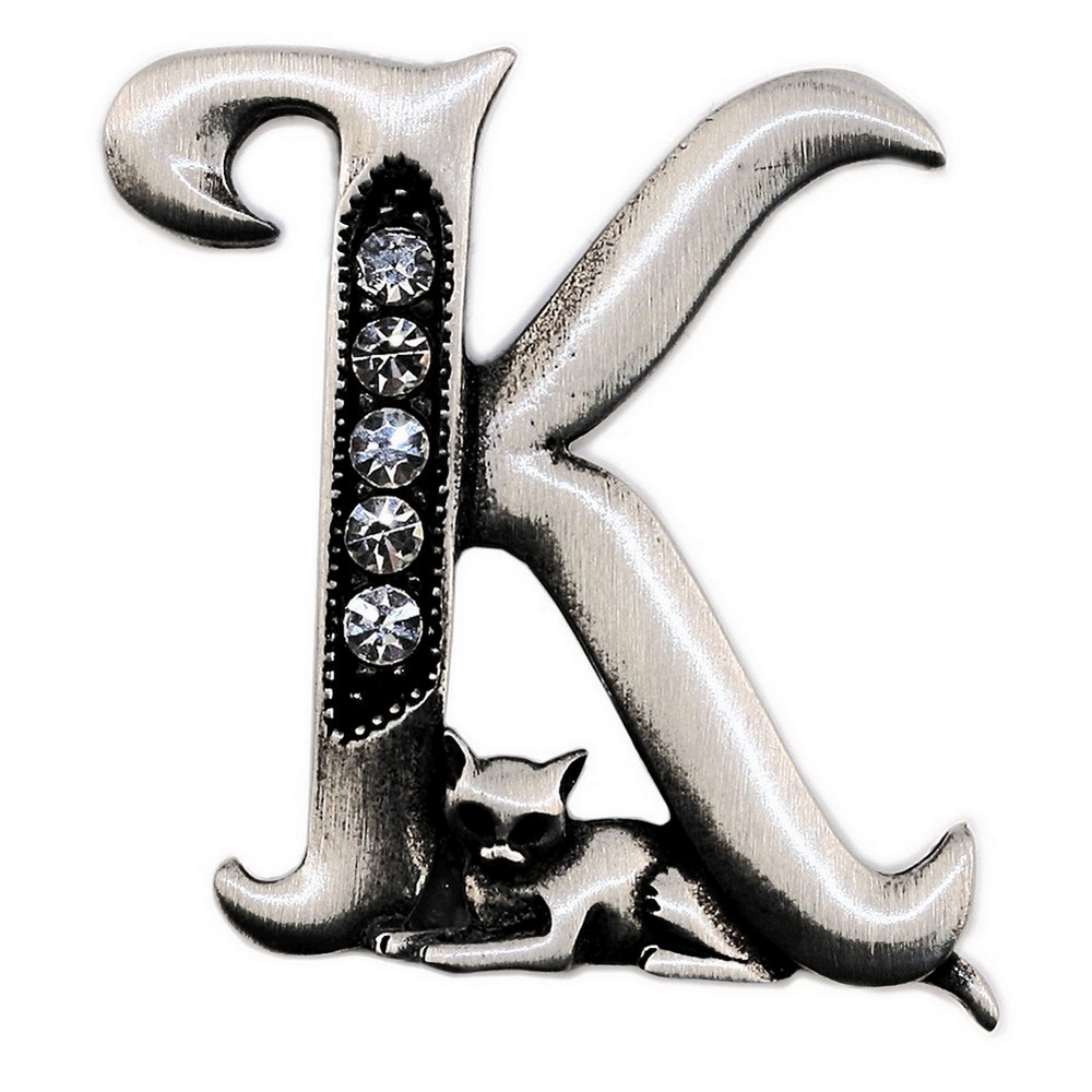 Brooch pewter initial 'k' cat/stones