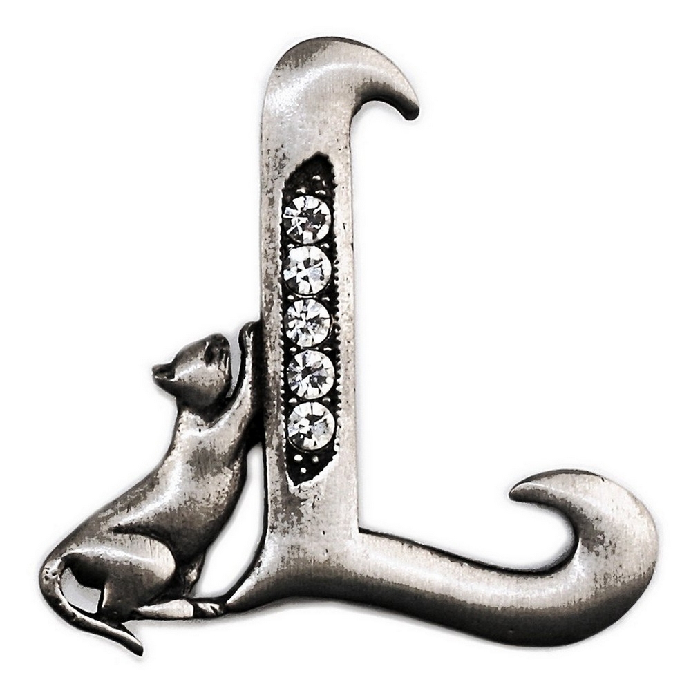 Brooch pewter initial L cat/stones