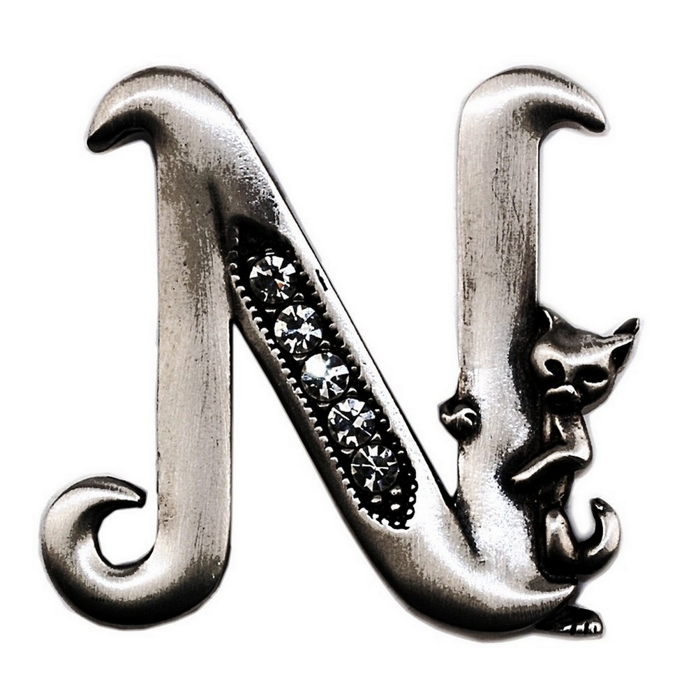 Brooch pewter initial 'n' cat/stones