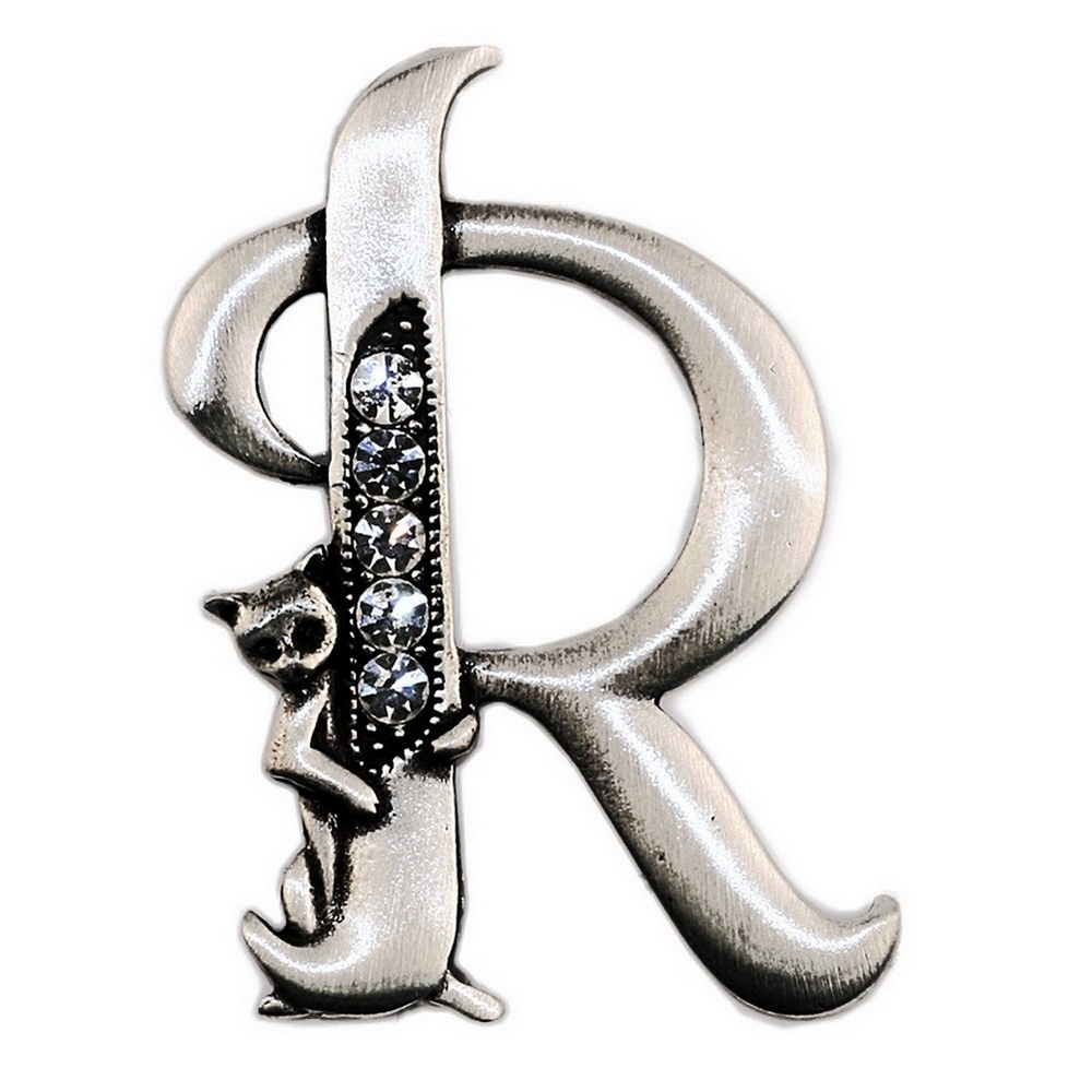 Brooch pewter initial 'r' cat/stones