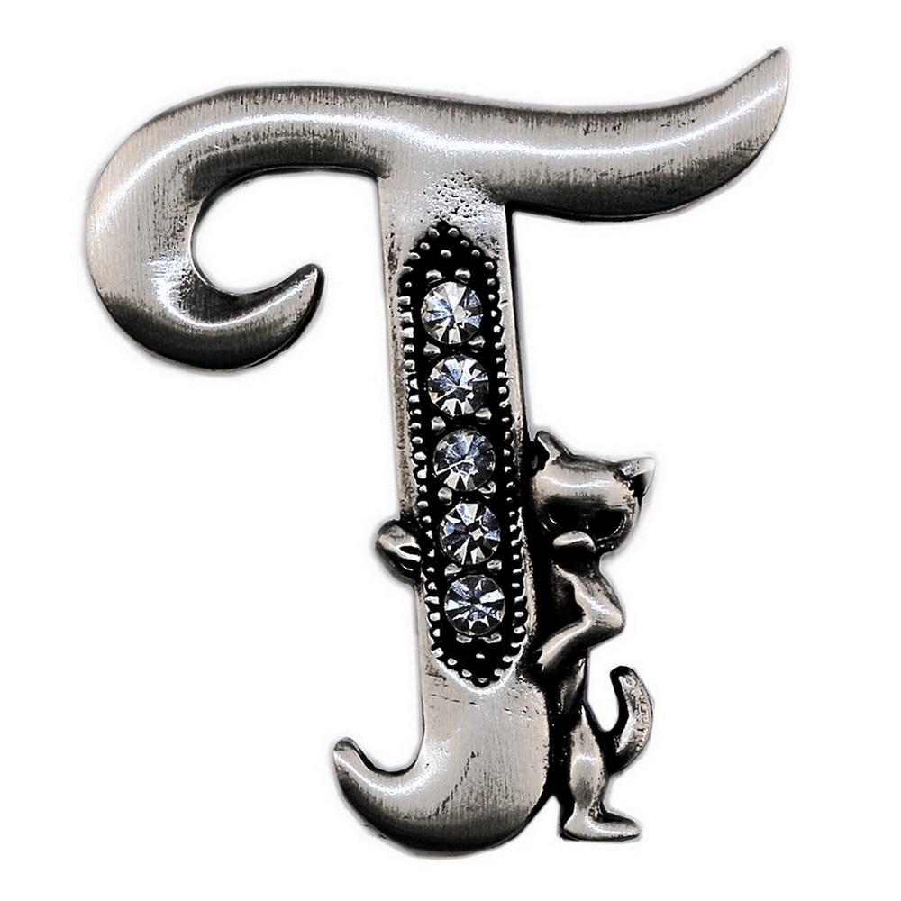 Brooch pewter initial 't' cat/stones
