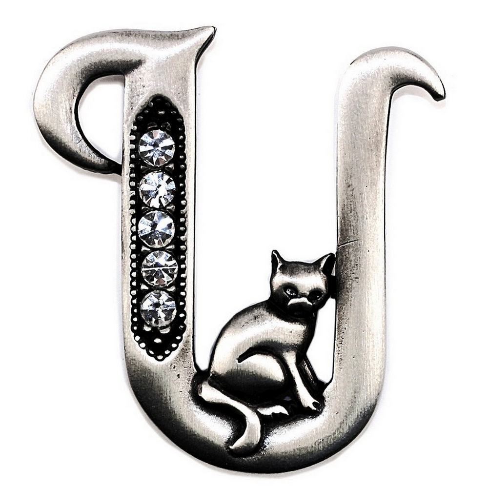 Brooch pewter initial 'u' cat/stones