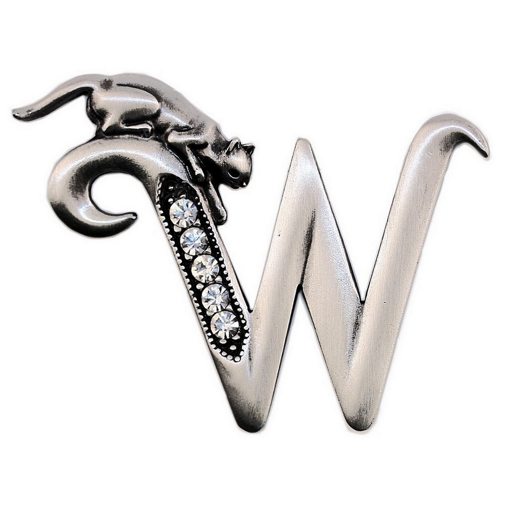 Brooch pewter initial 'w' cat/stones
