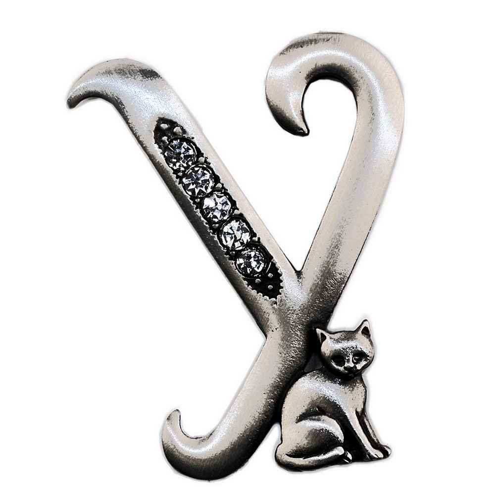Brooch pewter initial 'y' cat/stones