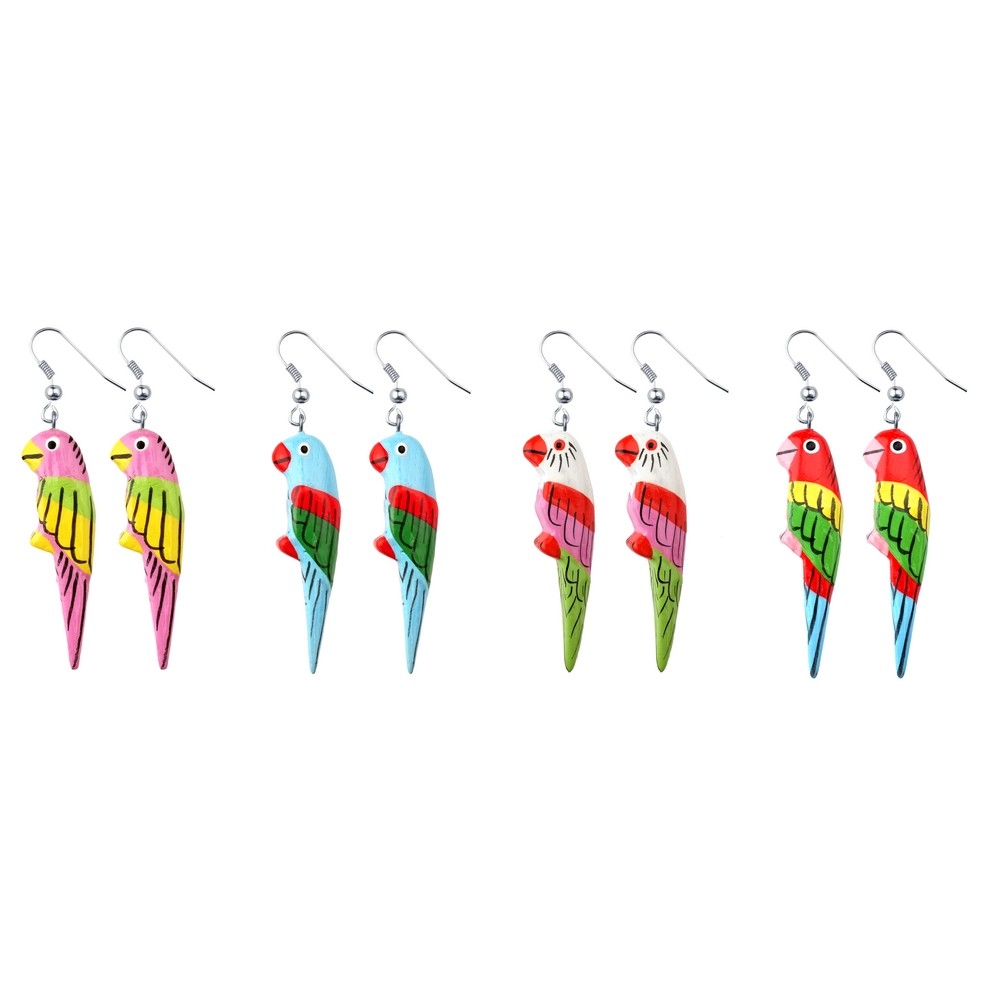 Drop earring wood hand carved & painted parrot assorted colours