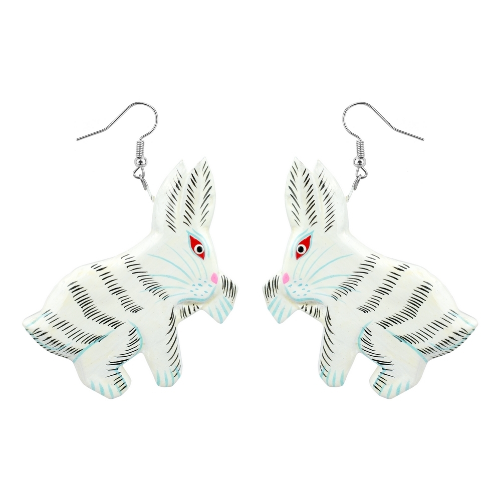 Drop earring wood painted rabbit white