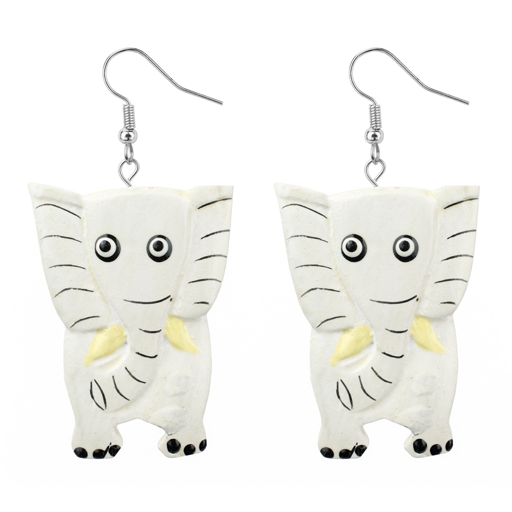 Drop earring wood painted jolly jumbo elephant white