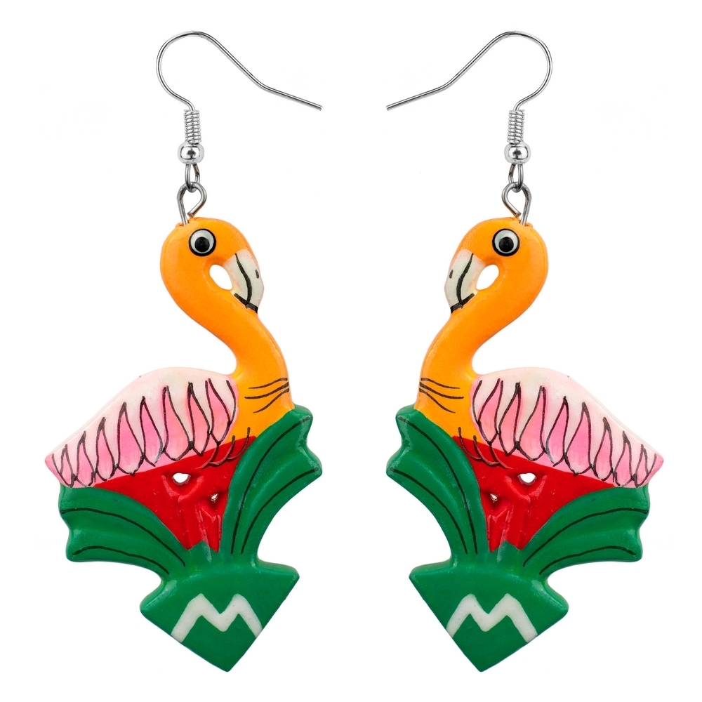 Drop earring wood painted carnival bird