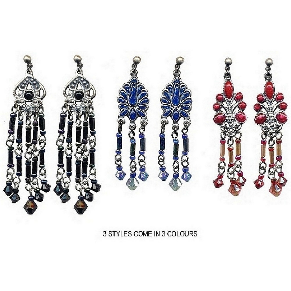 Drop earring glass filigree black 3 tube drops