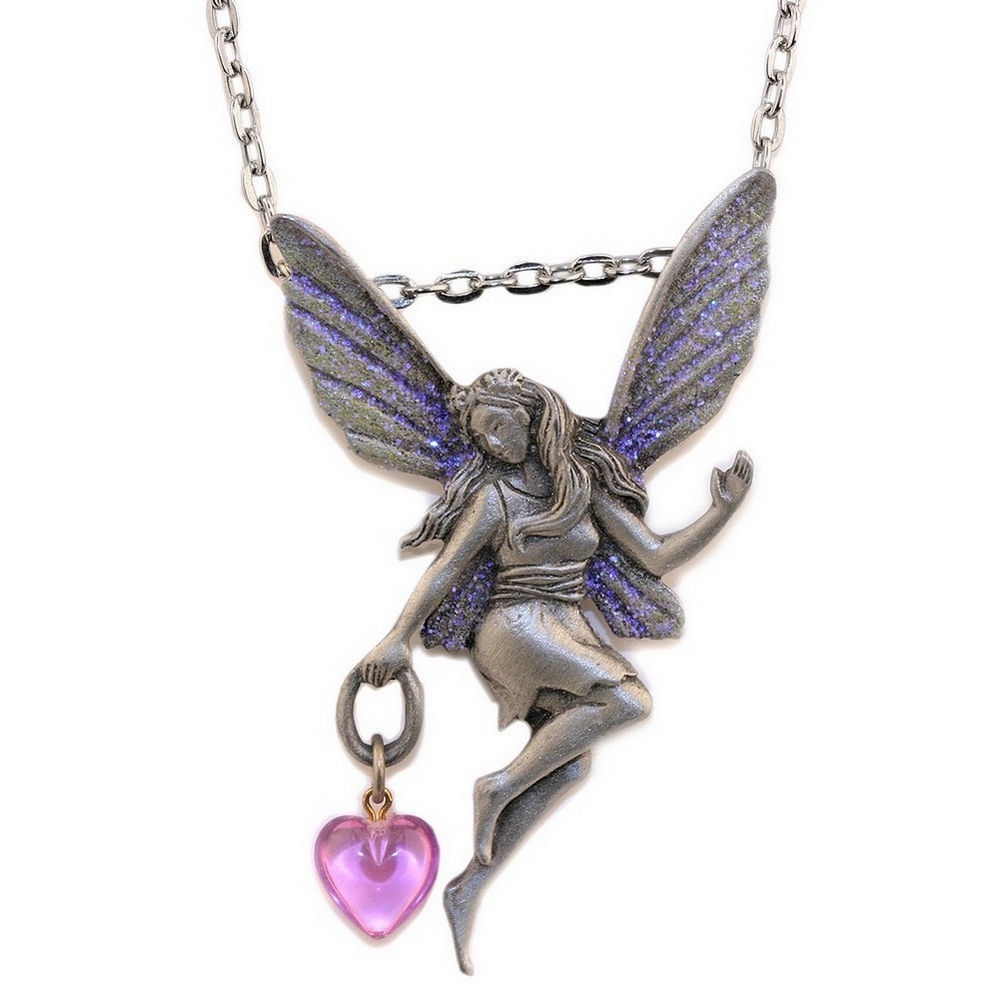 Necklace pewter fairy dangling heart on chain