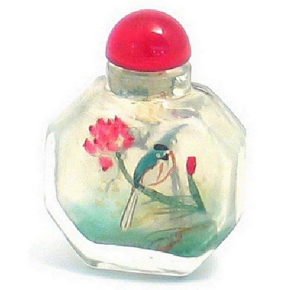 Bottle glass hand painted birds octagonal