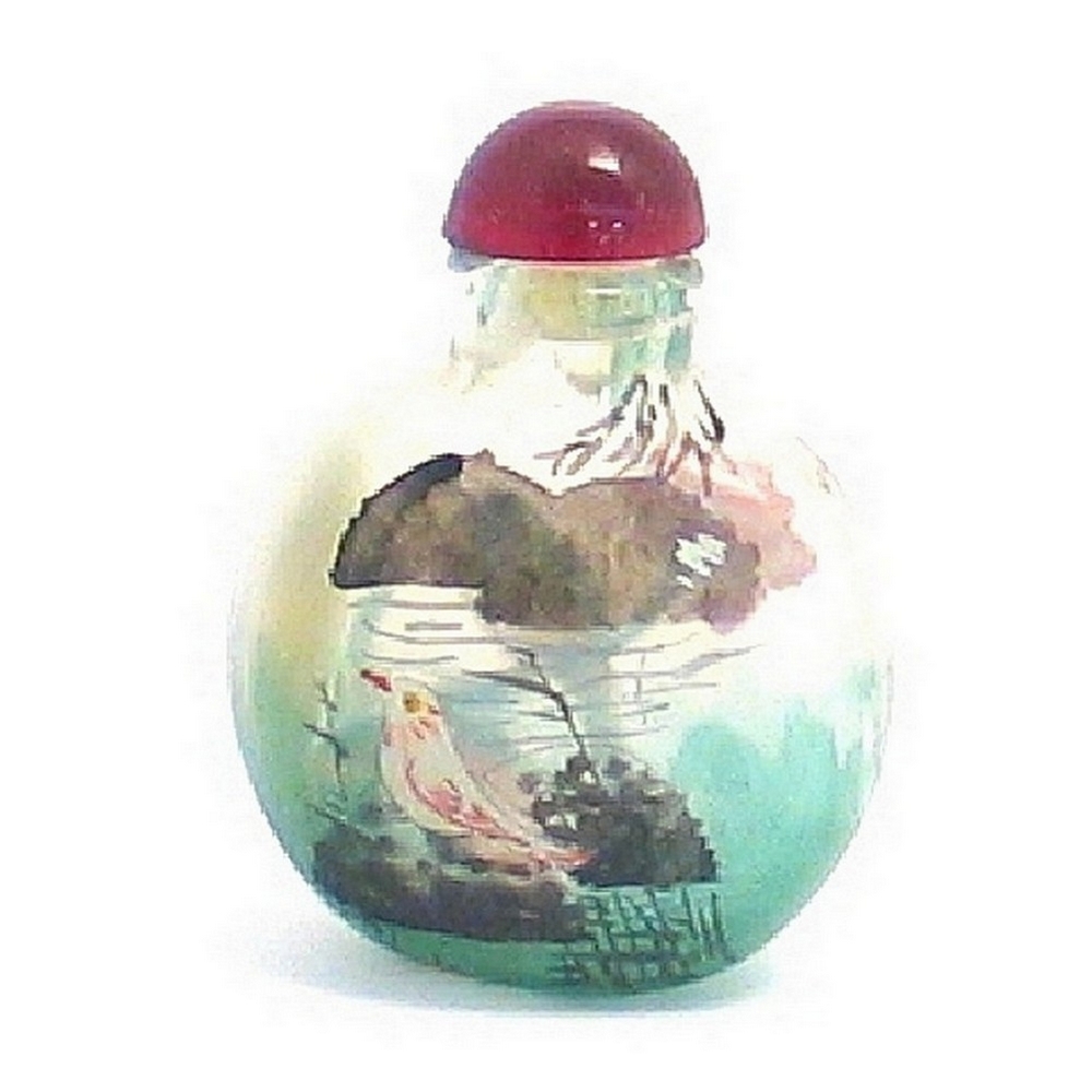 Bottle glass hand painted on the inside birds round