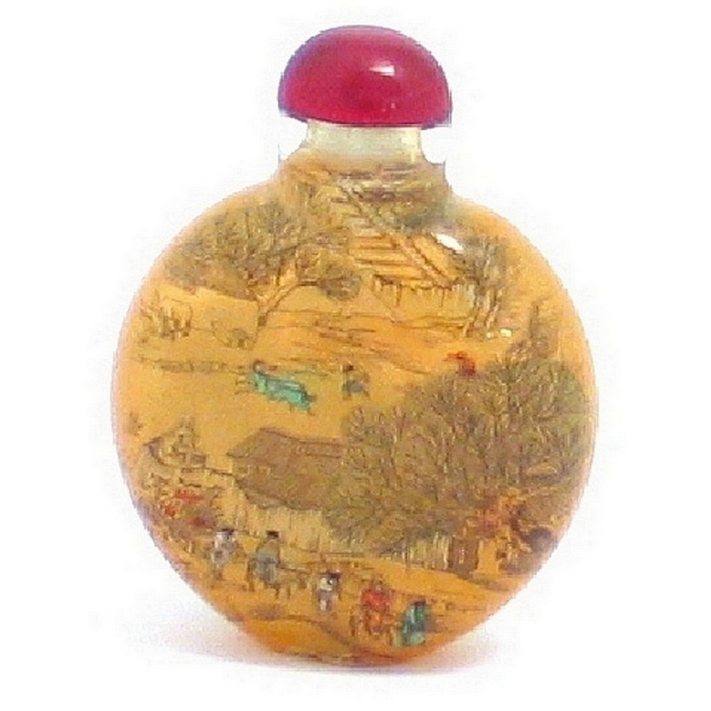 Bottle glass hand painted riverscene round