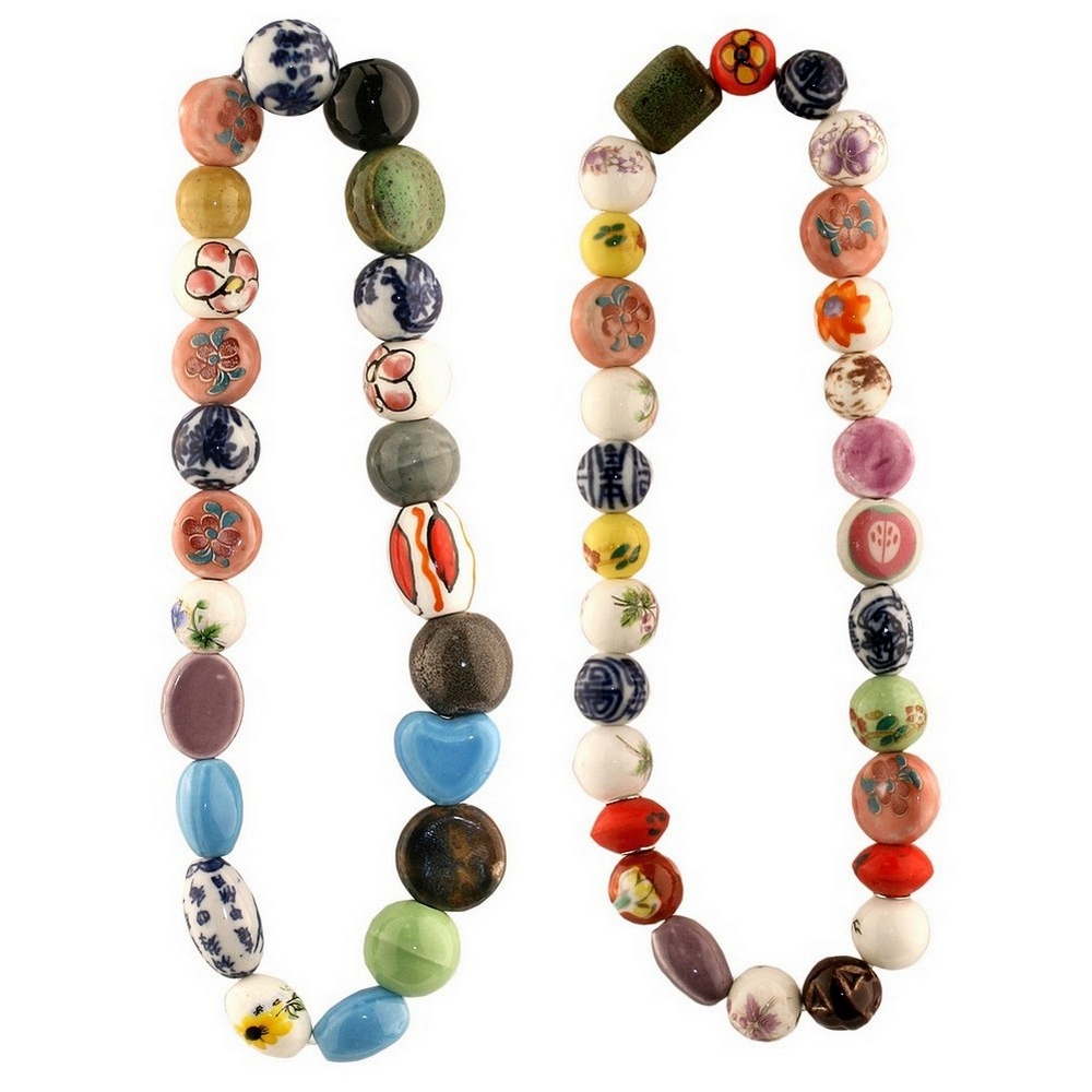 Bead string necklace ceramic random bead art mix multicoloured