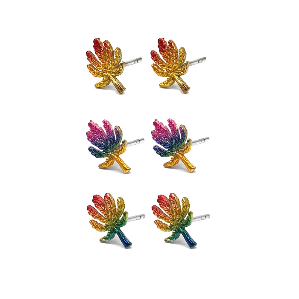 Stud earring 925 silver canabis leaf painted multicoloured