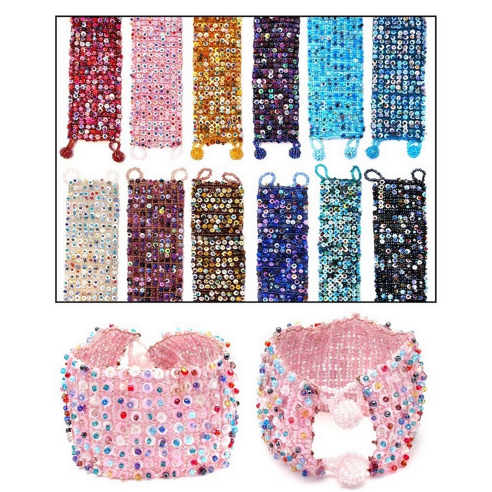 Bracelet glass & sequin 8 row ball & loop