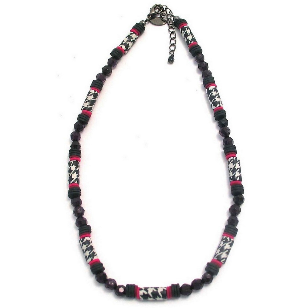 Bead string necklace resin houndstooth faceted & heishi